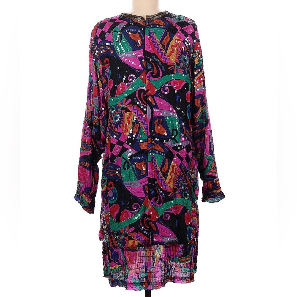 Vintage 60s Judith Ann Creations Beaded Silk Colorful Kaftan Mini Dress Magenta - Picture 2 of 15